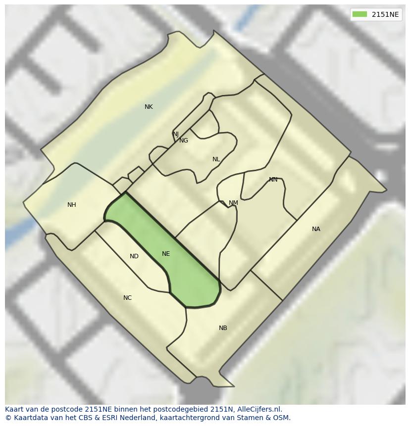 Afbeelding van het postcodegebied 2151 NE op de kaart.