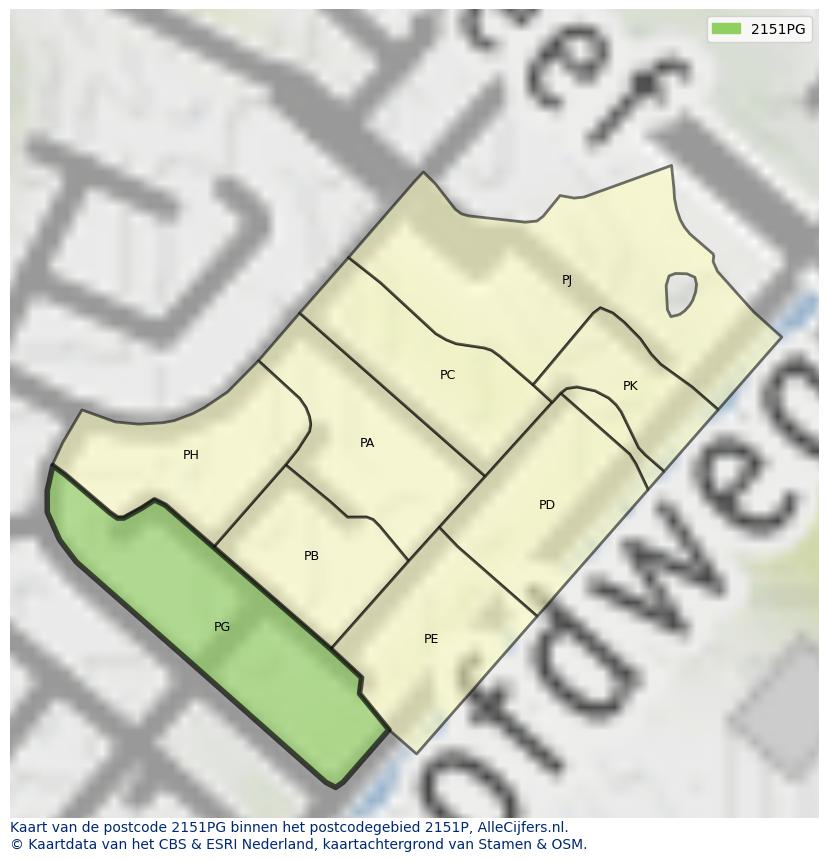 Afbeelding van het postcodegebied 2151 PG op de kaart.