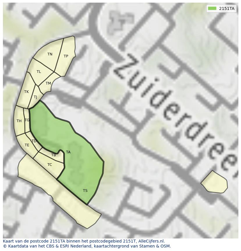 Afbeelding van het postcodegebied 2151 TA op de kaart.