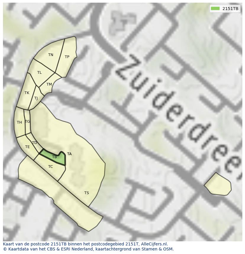 Afbeelding van het postcodegebied 2151 TB op de kaart.