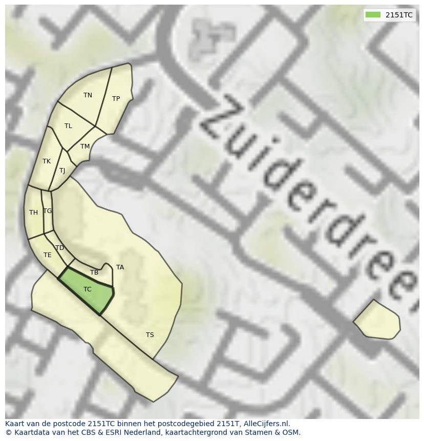 Afbeelding van het postcodegebied 2151 TC op de kaart.