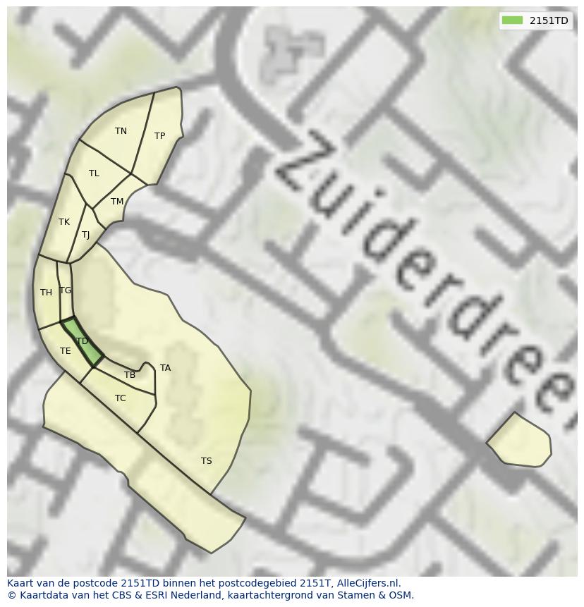 Afbeelding van het postcodegebied 2151 TD op de kaart.