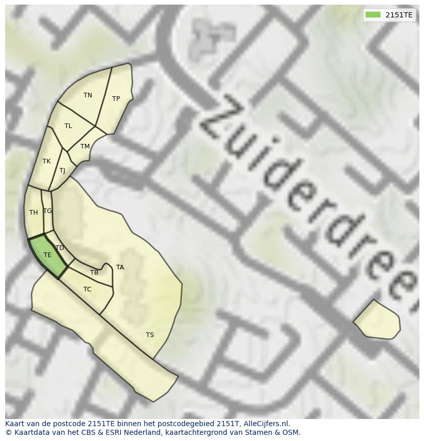 Afbeelding van het postcodegebied 2151 TE op de kaart.