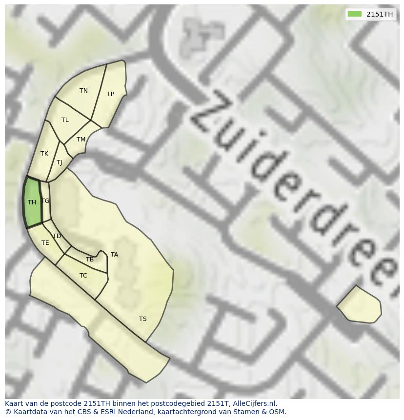 Afbeelding van het postcodegebied 2151 TH op de kaart.