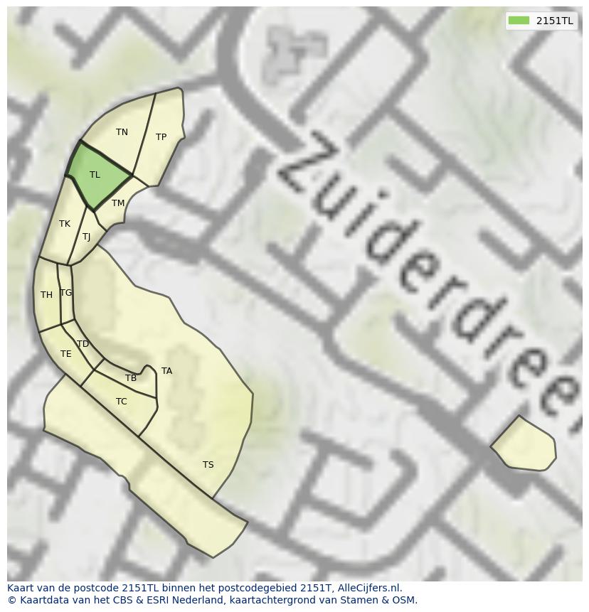 Afbeelding van het postcodegebied 2151 TL op de kaart.