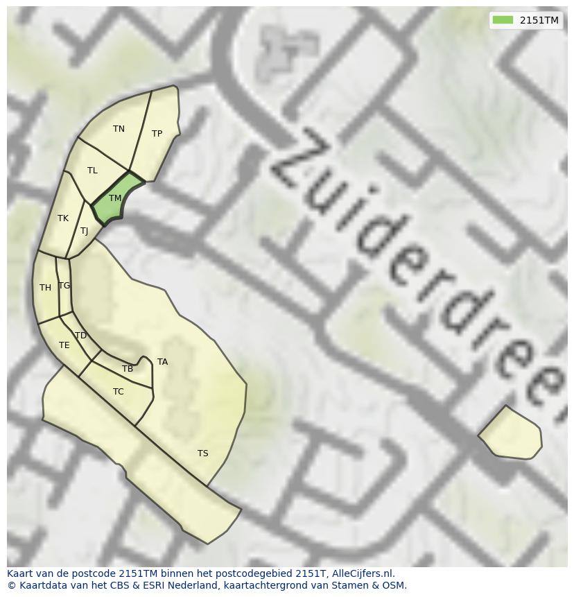Afbeelding van het postcodegebied 2151 TM op de kaart.