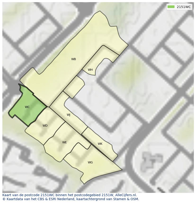 Afbeelding van het postcodegebied 2151 WC op de kaart.