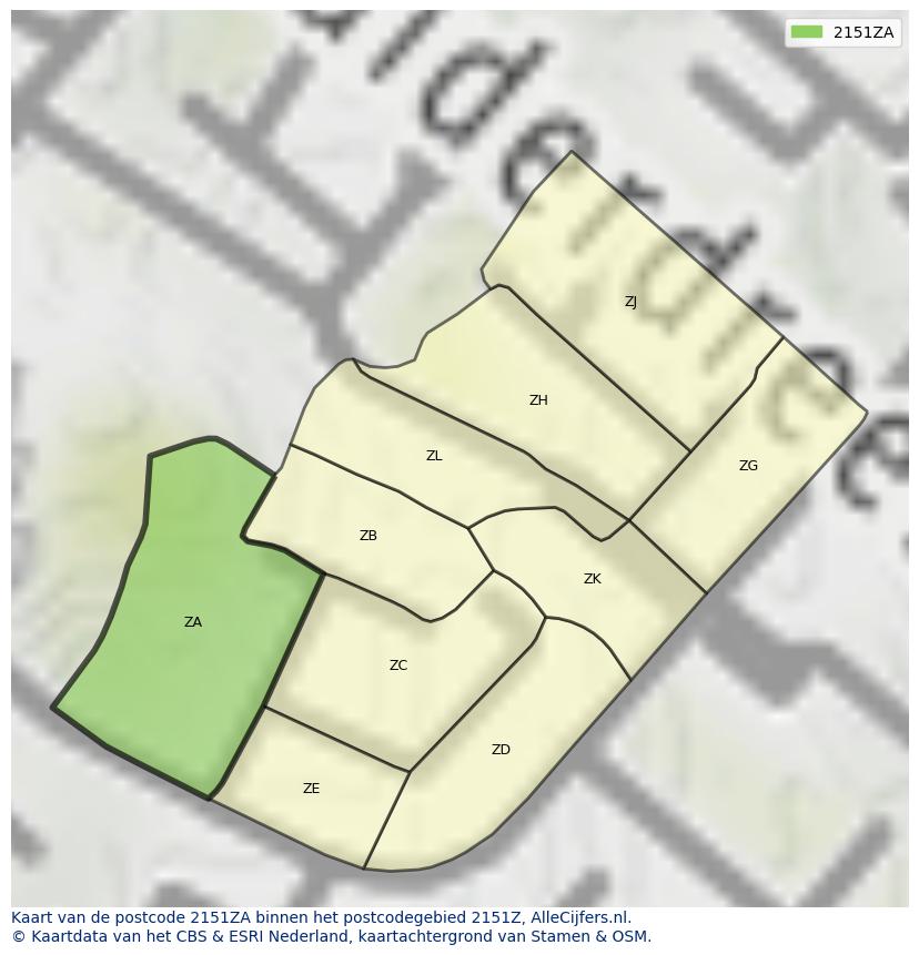 Afbeelding van het postcodegebied 2151 ZA op de kaart.
