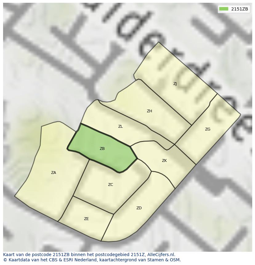 Afbeelding van het postcodegebied 2151 ZB op de kaart.