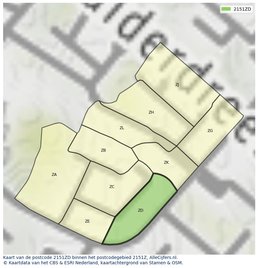 Afbeelding van het postcodegebied 2151 ZD op de kaart.
