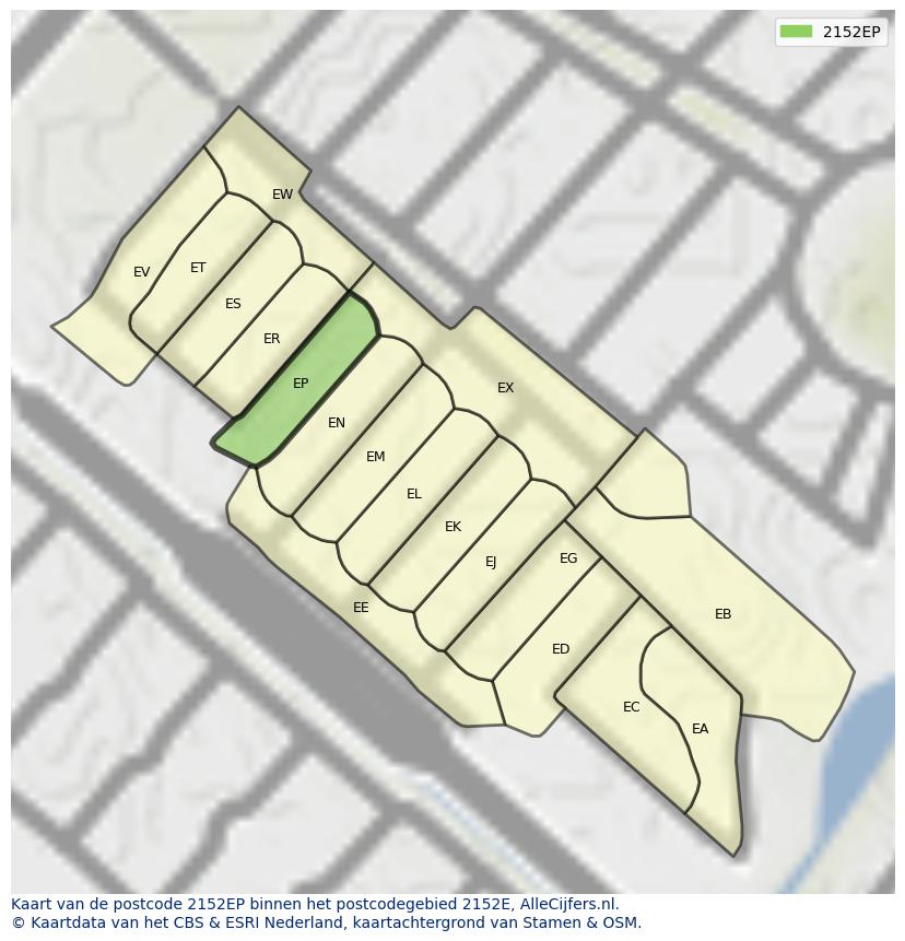 Afbeelding van het postcodegebied 2152 EP op de kaart.