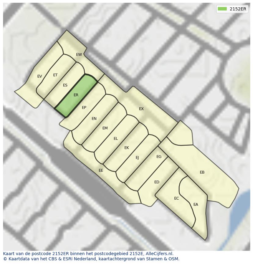 Afbeelding van het postcodegebied 2152 ER op de kaart.