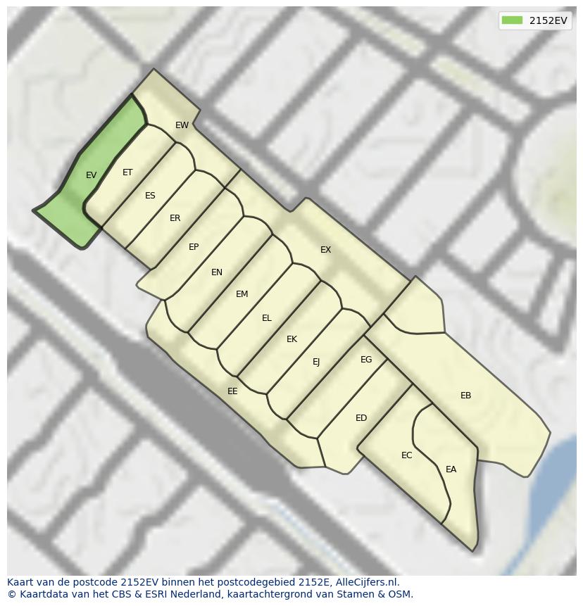 Afbeelding van het postcodegebied 2152 EV op de kaart.