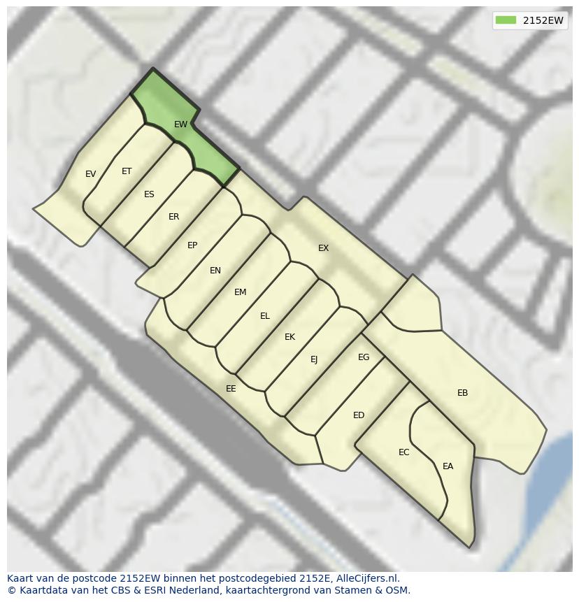 Afbeelding van het postcodegebied 2152 EW op de kaart.