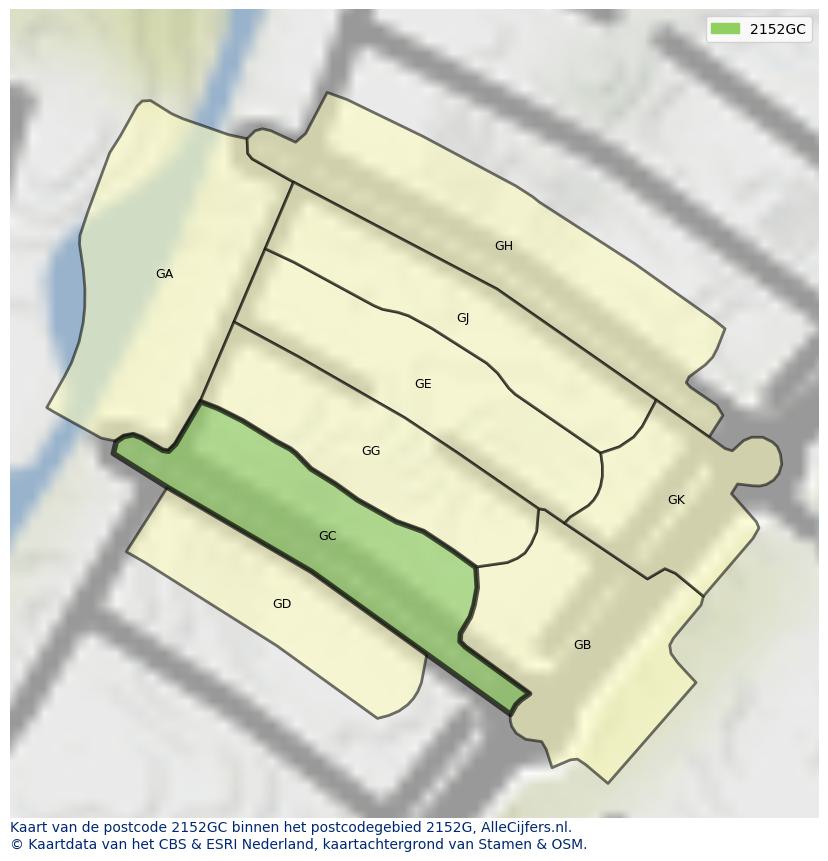 Afbeelding van het postcodegebied 2152 GC op de kaart.