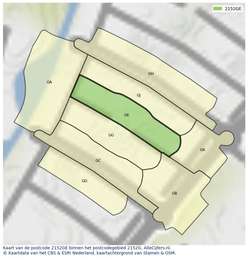 Afbeelding van het postcodegebied 2152 GE op de kaart.