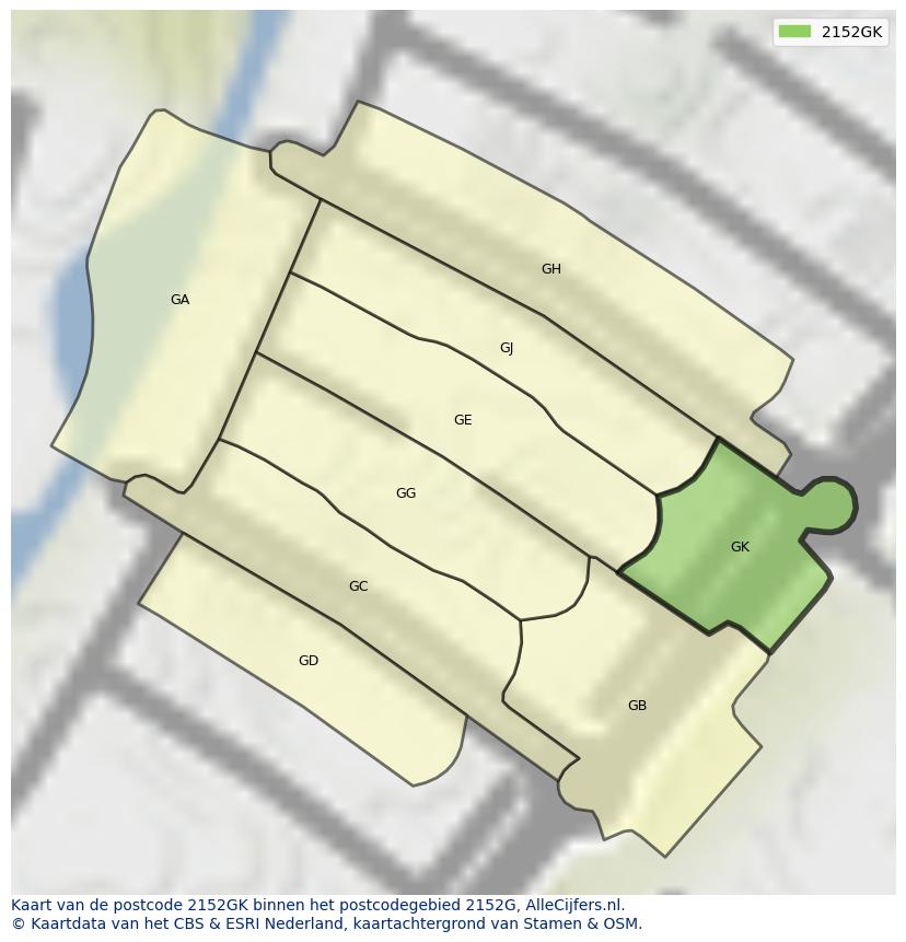 Afbeelding van het postcodegebied 2152 GK op de kaart.
