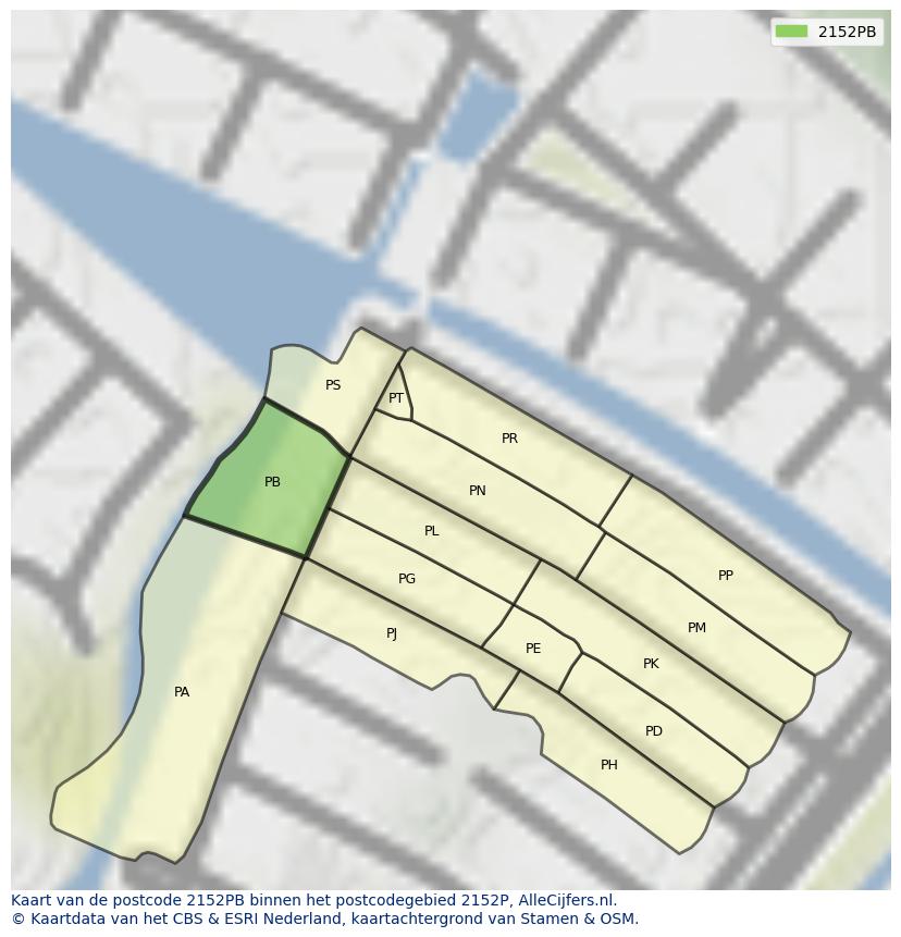 Afbeelding van het postcodegebied 2152 PB op de kaart.
