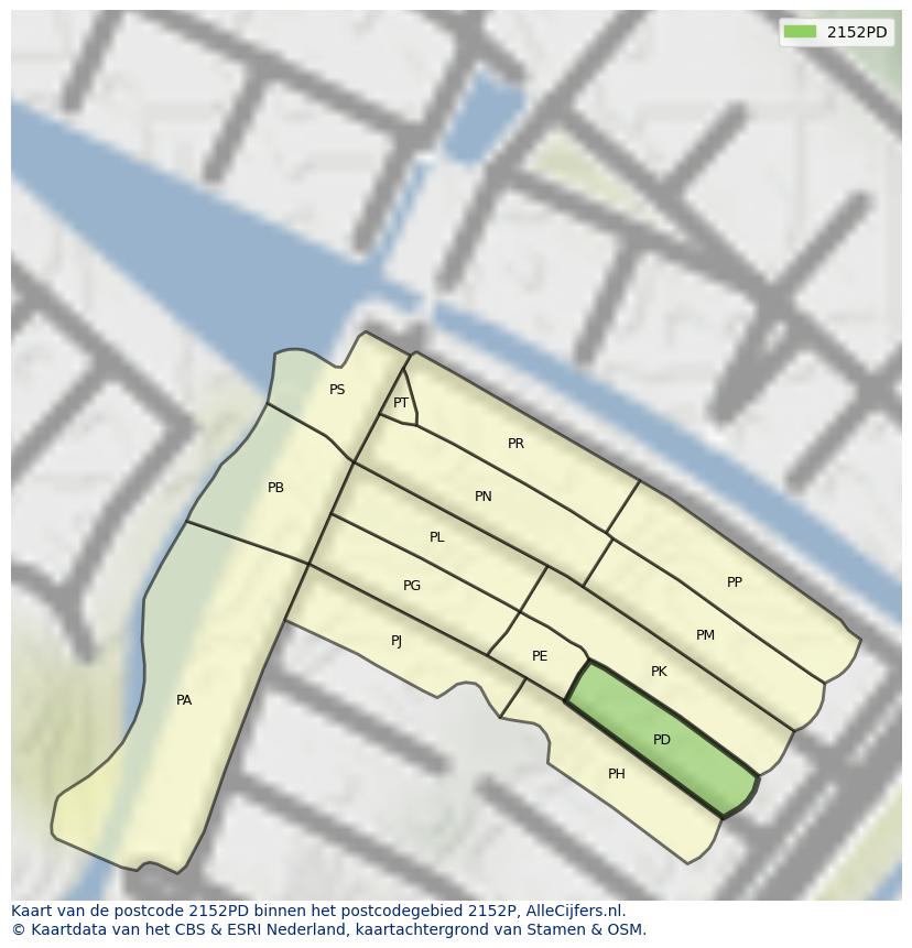 Afbeelding van het postcodegebied 2152 PD op de kaart.