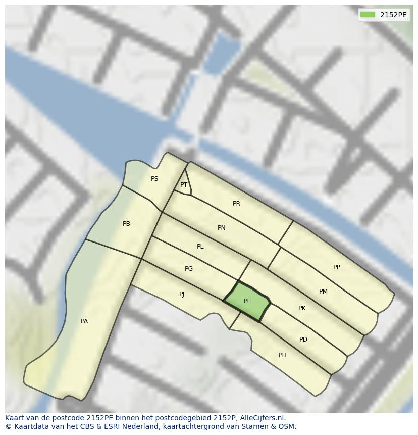 Afbeelding van het postcodegebied 2152 PE op de kaart.