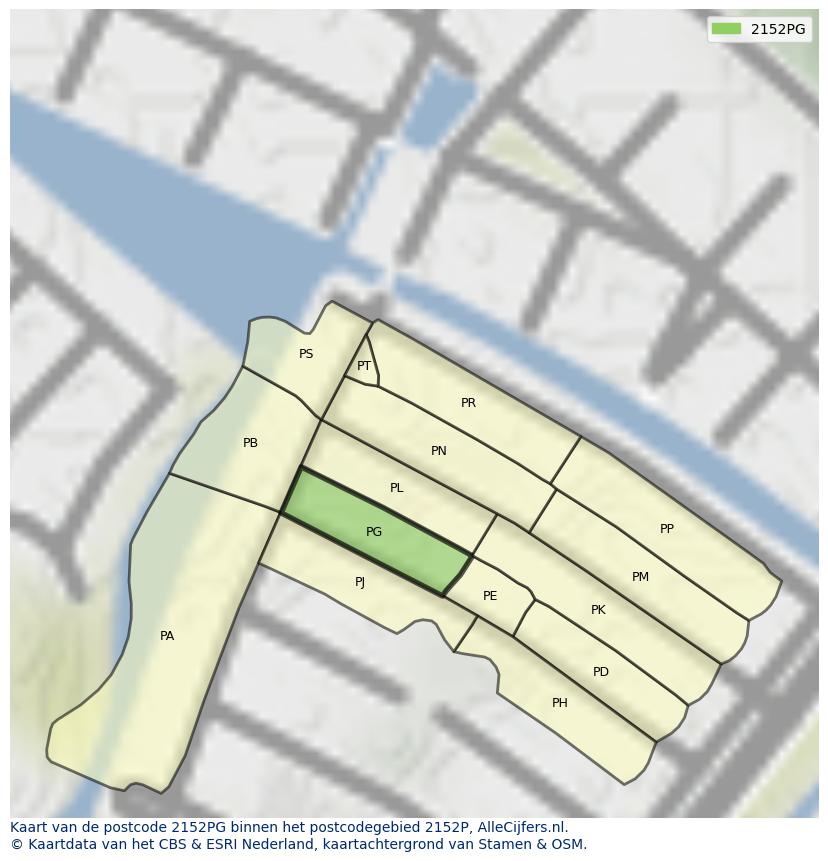 Afbeelding van het postcodegebied 2152 PG op de kaart.