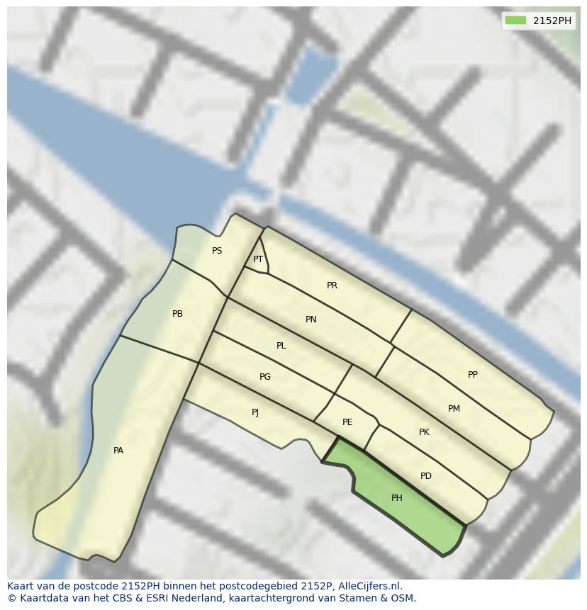 Afbeelding van het postcodegebied 2152 PH op de kaart.