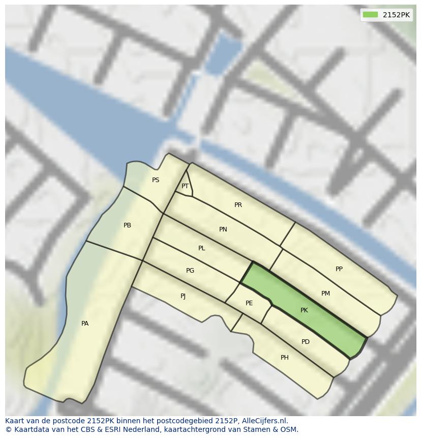 Afbeelding van het postcodegebied 2152 PK op de kaart.