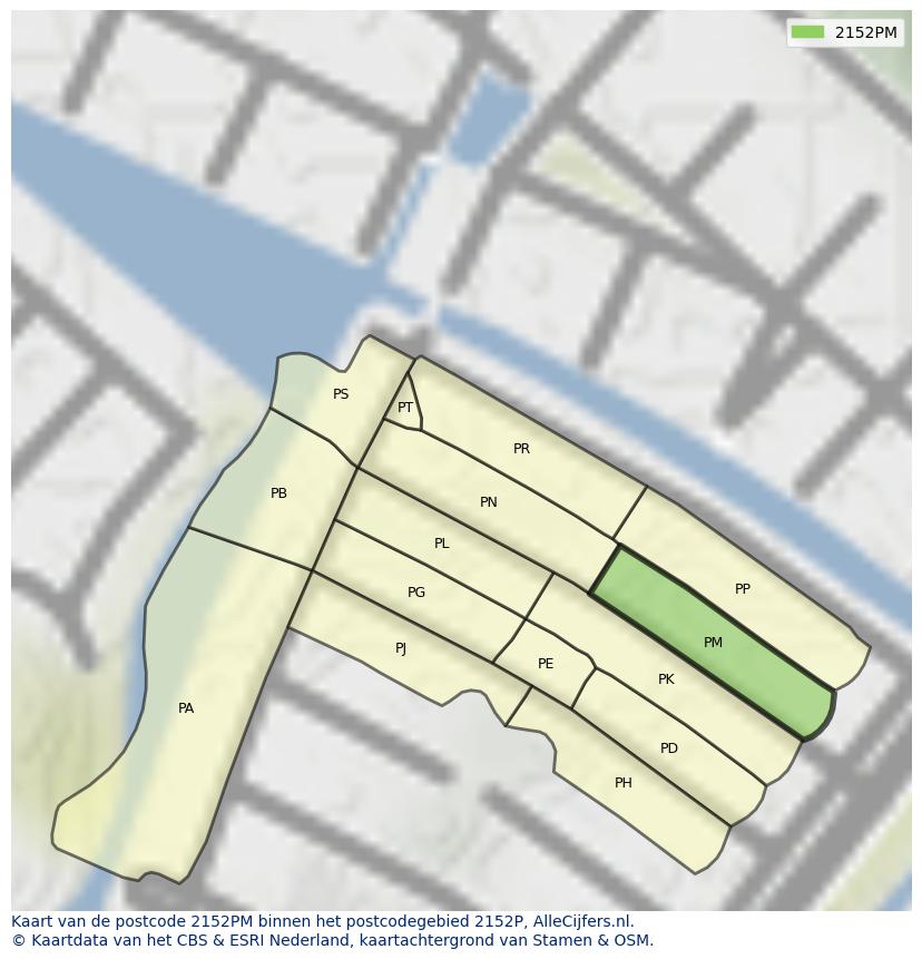 Afbeelding van het postcodegebied 2152 PM op de kaart.