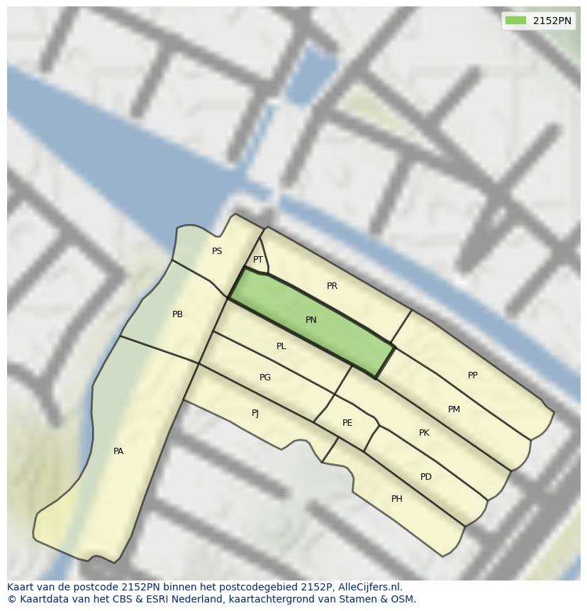 Afbeelding van het postcodegebied 2152 PN op de kaart.