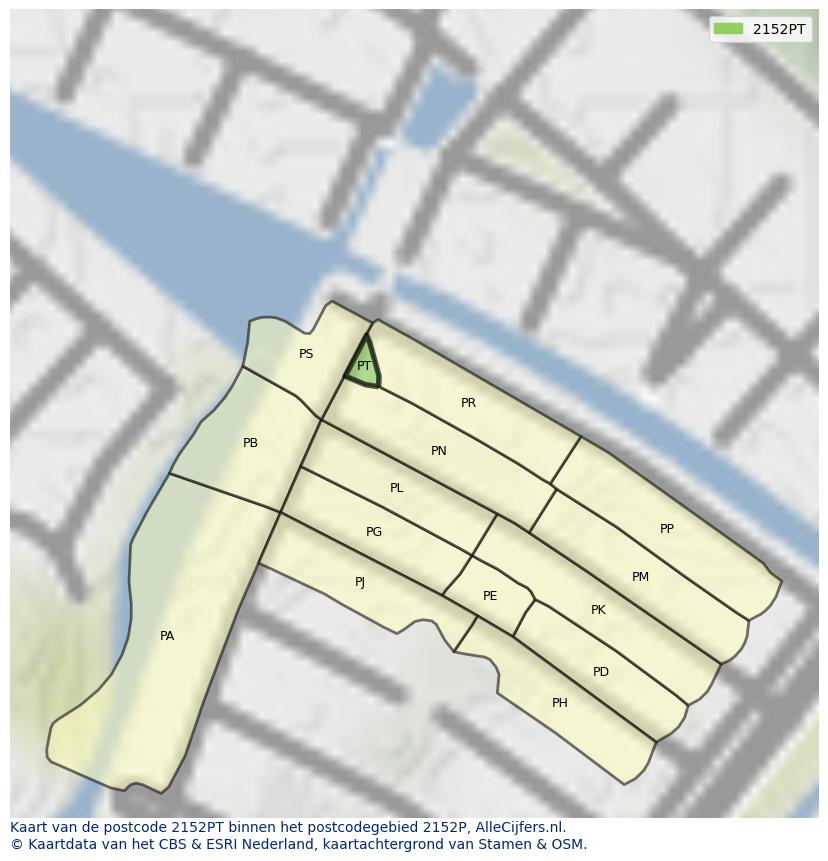 Afbeelding van het postcodegebied 2152 PT op de kaart.