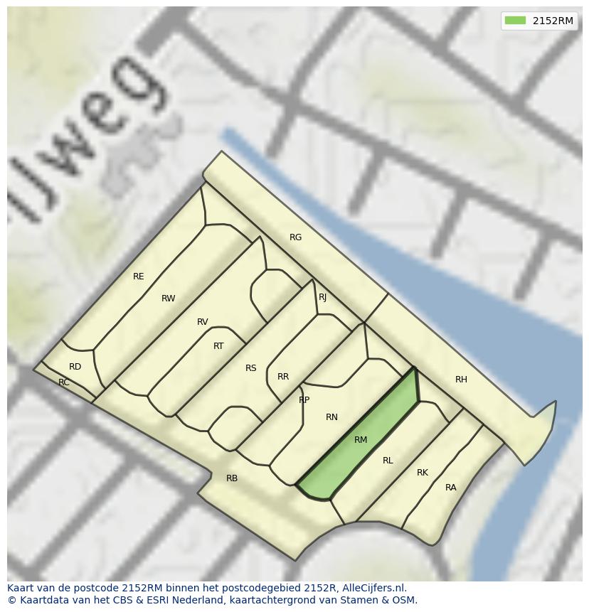 Afbeelding van het postcodegebied 2152 RM op de kaart.