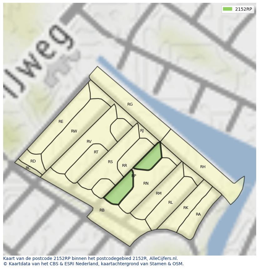 Afbeelding van het postcodegebied 2152 RP op de kaart.
