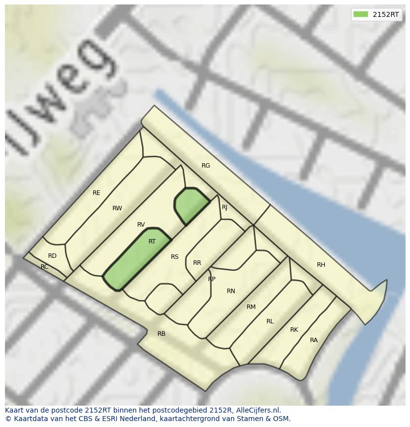 Afbeelding van het postcodegebied 2152 RT op de kaart.