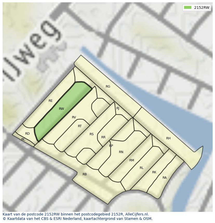 Afbeelding van het postcodegebied 2152 RW op de kaart.