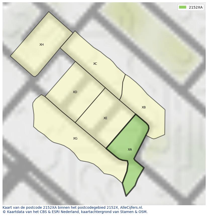 Afbeelding van het postcodegebied 2152 XA op de kaart.