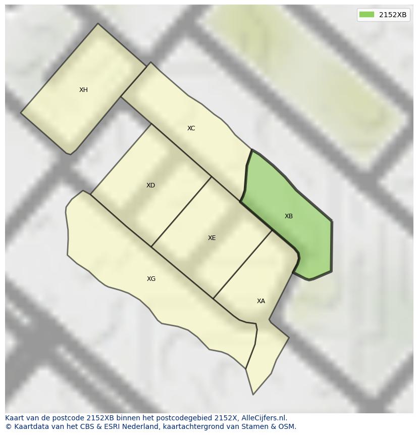Afbeelding van het postcodegebied 2152 XB op de kaart.