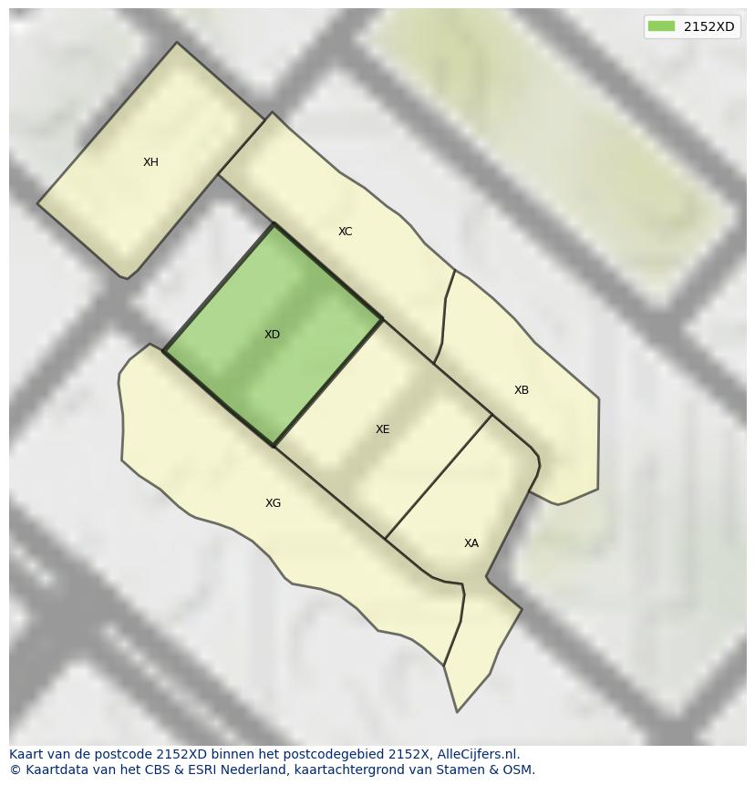 Afbeelding van het postcodegebied 2152 XD op de kaart.