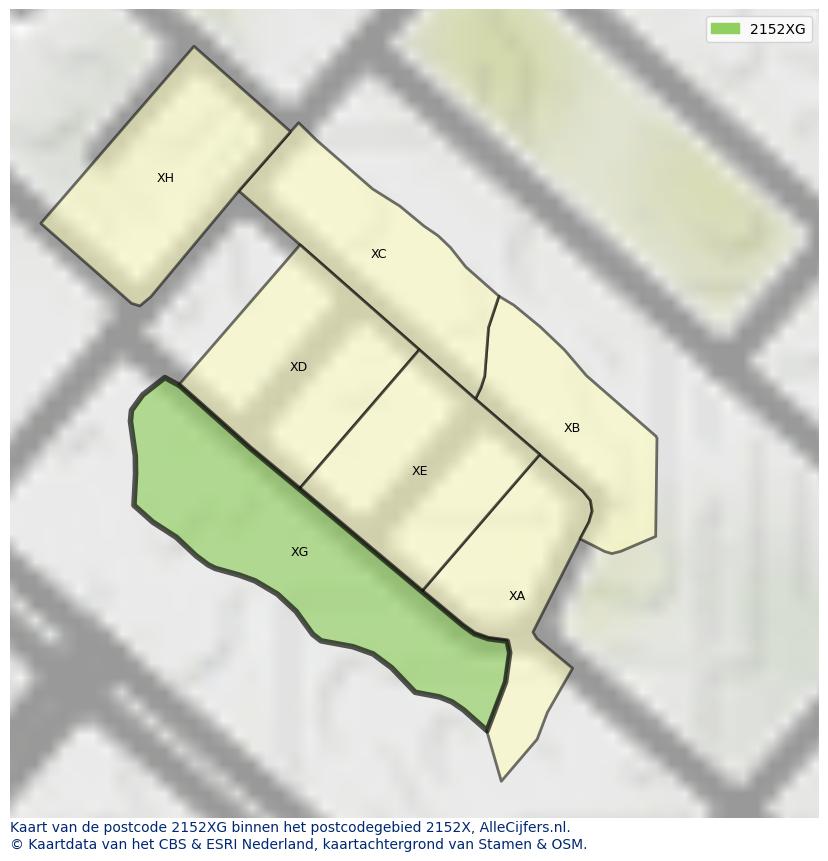 Afbeelding van het postcodegebied 2152 XG op de kaart.