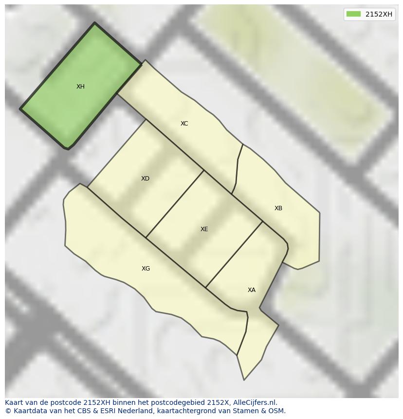 Afbeelding van het postcodegebied 2152 XH op de kaart.