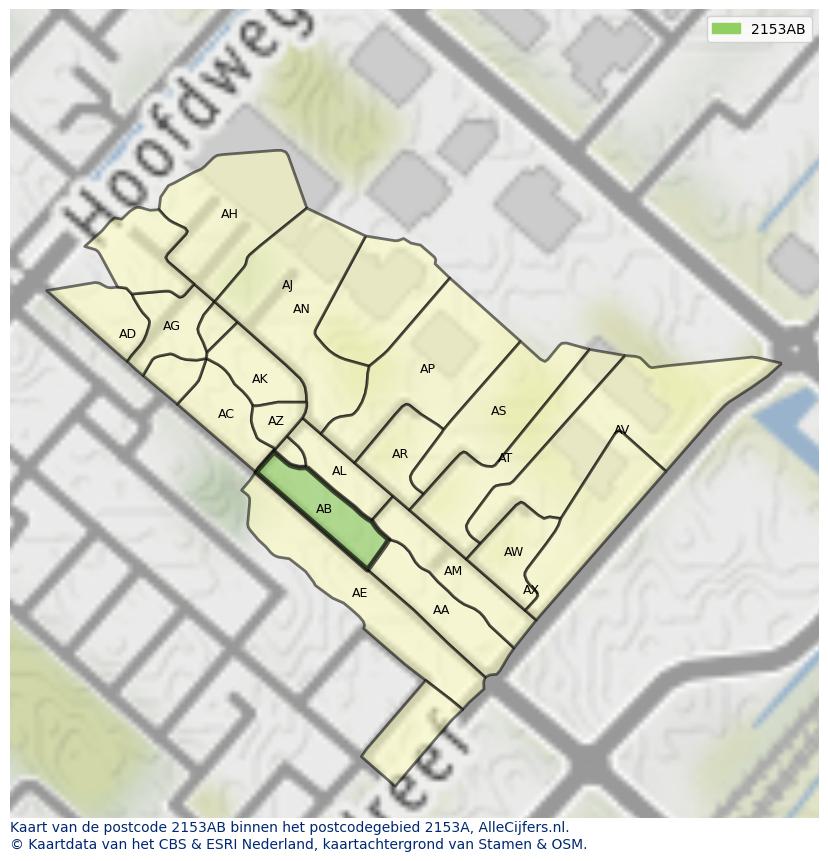 Afbeelding van het postcodegebied 2153 AB op de kaart.