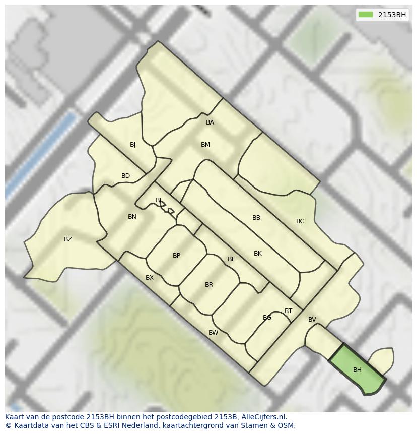 Afbeelding van het postcodegebied 2153 BH op de kaart.