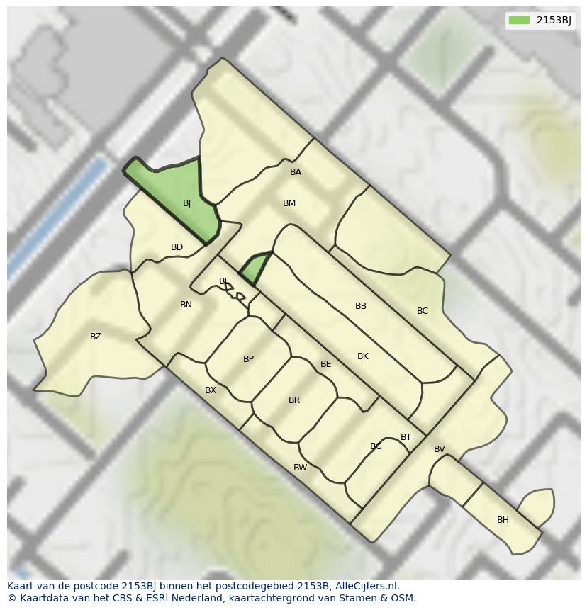 Afbeelding van het postcodegebied 2153 BJ op de kaart.