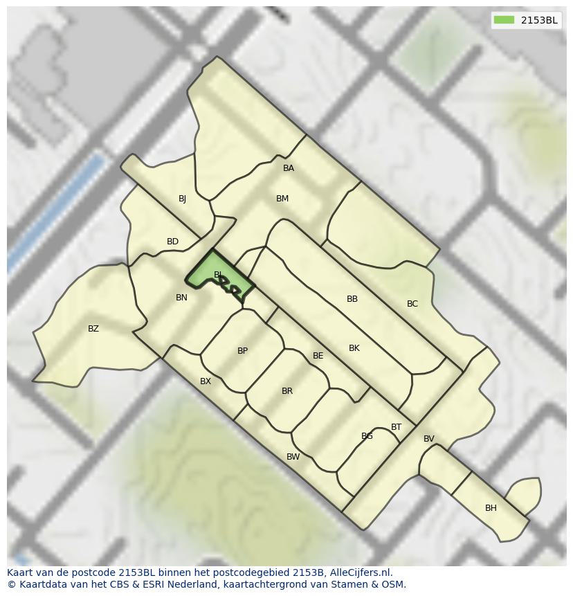 Afbeelding van het postcodegebied 2153 BL op de kaart.