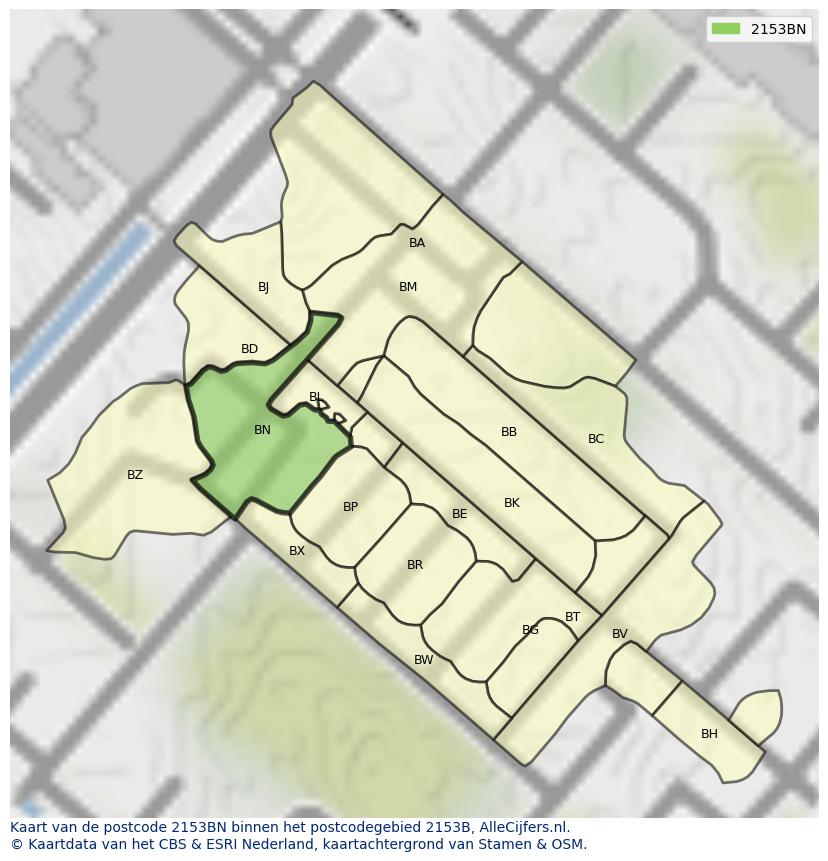 Afbeelding van het postcodegebied 2153 BN op de kaart.