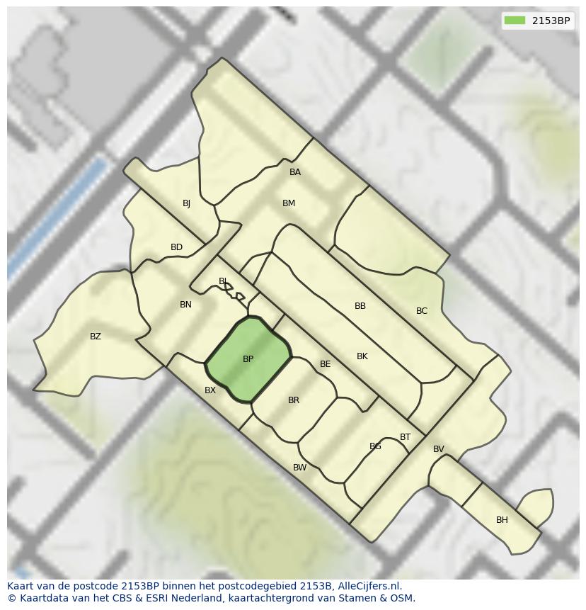 Afbeelding van het postcodegebied 2153 BP op de kaart.