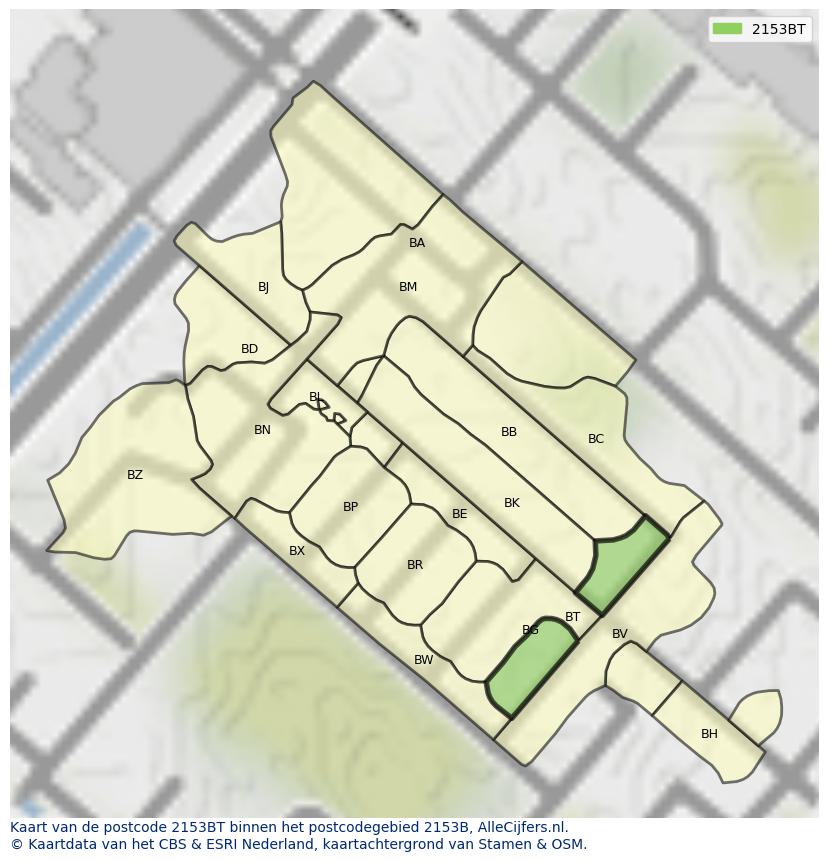 Afbeelding van het postcodegebied 2153 BT op de kaart.