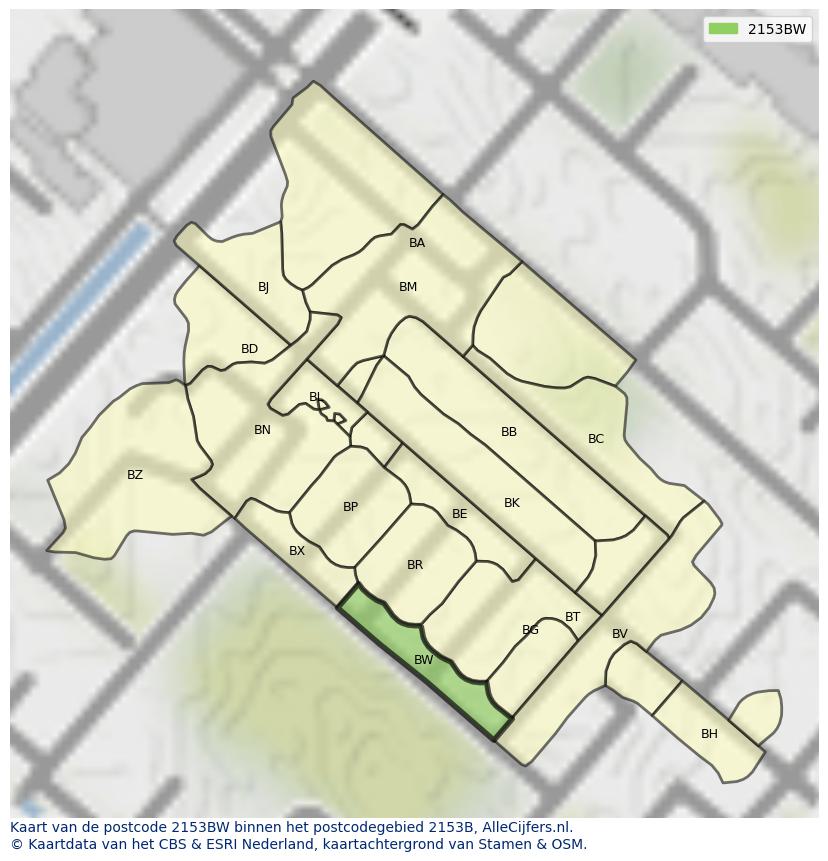 Afbeelding van het postcodegebied 2153 BW op de kaart.