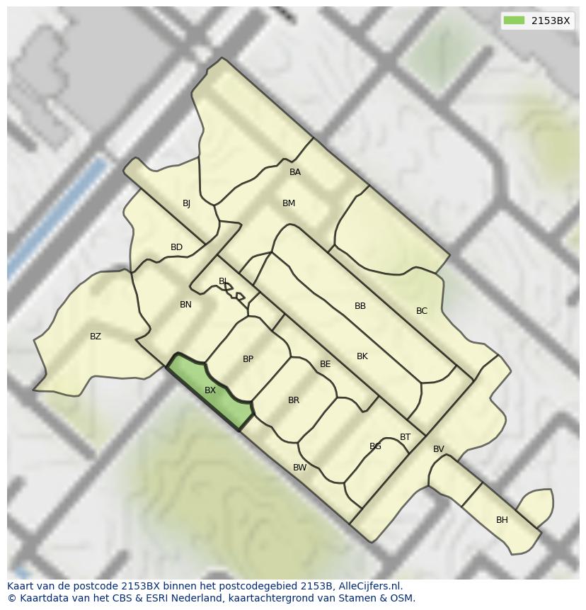 Afbeelding van het postcodegebied 2153 BX op de kaart.