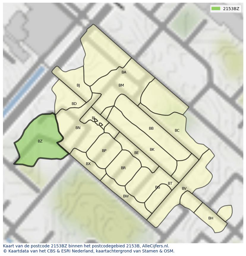 Afbeelding van het postcodegebied 2153 BZ op de kaart.