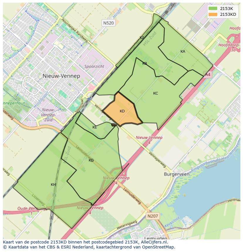 Afbeelding van het postcodegebied 2153 KD op de kaart.